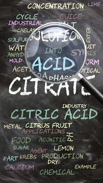 Citrate being studied, examined - under close inspection. Most important subjects and ideas closely related to citrate written on a blackboard inspected by a magnifying glass. Can be looped
