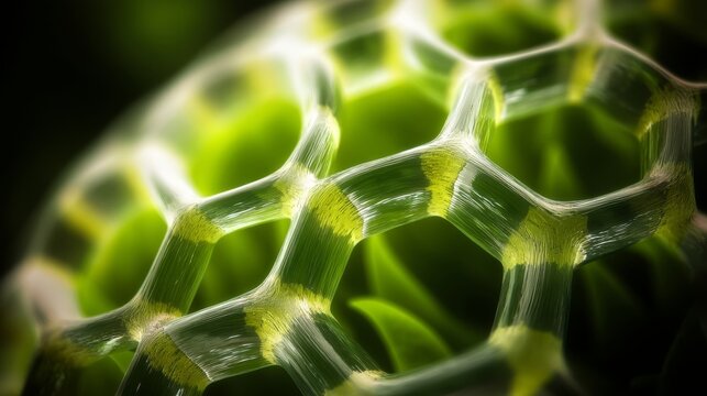 A close-up of a hexagonal grid with thin, flexible strands, creating a repeating pattern illuminated from above,