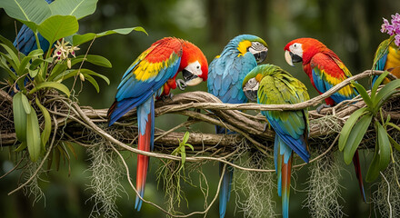 Vibrant Macaws Perched on Tropical Branch with Orchids