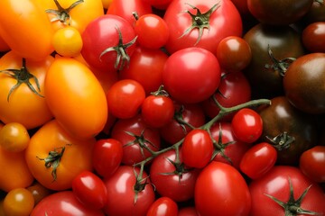 Different ripe juicy tomatoes as background, closeup