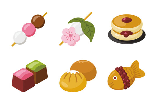 Japanese sweets vector illustrations, wagashi dessert icons including dango taiyaki dorayaki manju yokan, traditional confectionery, tea time treats