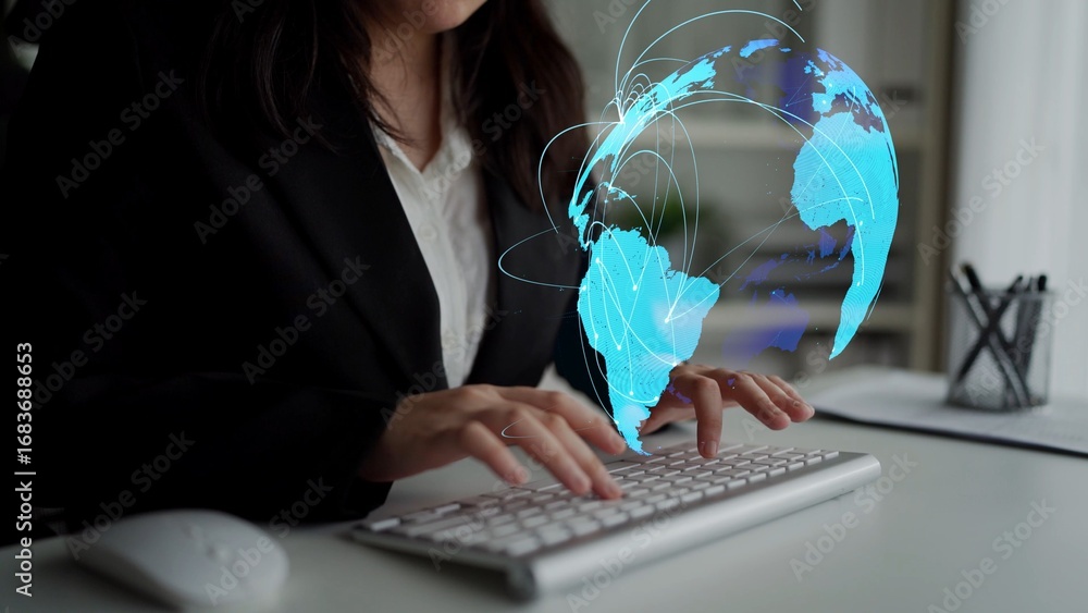 Poster Global network connection visualization showing data exchange, digital link, worldwide communication. Global data flow and digital network infrastructure connecting regions around the world. Thunk