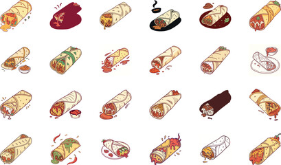 Colorful hand drawn fast food vector illustration set including burgers, pizza slices, tacos, wraps, sandwiches, french fries, nachos, shawarma, garlic bread, desserts and snacks – cartoon junk food i