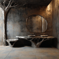 A luxury bathroom features a bold and artistic design with a tree-like metal structure incorporated into the sink, stool, and mirror. The raw, sculptural aesthetic combines nature and industrial desig