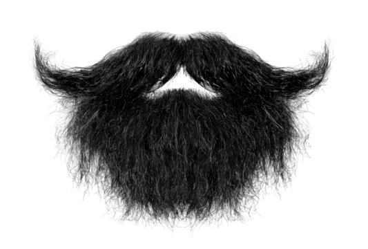 Full, dark gray beard, sharply defined, with pointed ends