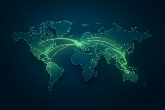 A dark blue background with a world map, featuring glowing green lines connecting different countries and cities. - Powered by Adobe