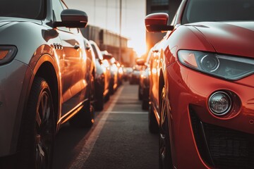 Modern urban parking lot scene, multiple cars parked in row, shiny fronts reflecting sunlight, premium automobile lineup, transportation and city lifestyle concept
