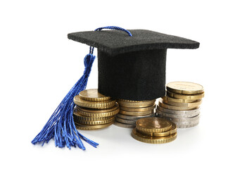 Scholarship. Graduate hat with stacked coins on white background