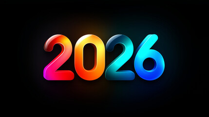 Leuchtende Zahl 2026 in bunten Neonfarben auf dunklem Hintergrund als futuristisches Neujahrsdesign
