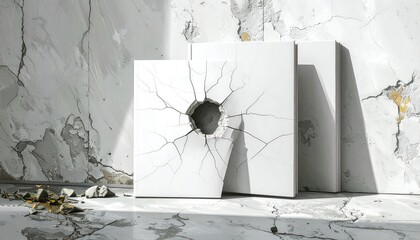 White rectangular canvases with a shattered, cracked, hole effect on a marble surface. Sunlight highlights the scene