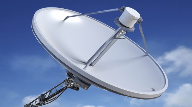 A white parabolic dish antenna stands against a clear blue sky with scattered clouds,