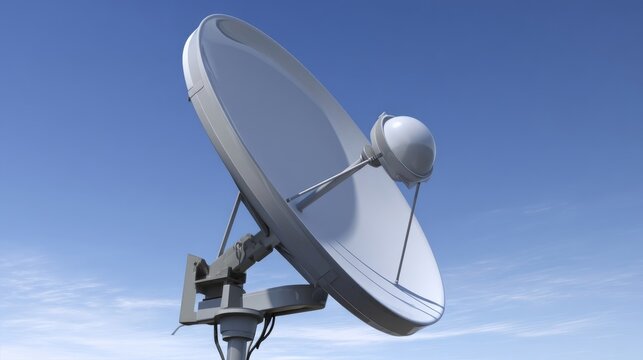 A satellite dish with a parabolic reflector is mounted on an adjustable stand facing upward against a clear sky,