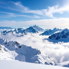 Snowy mountain peaks pierce a vast, cloud-filled sky