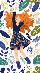 休息をとる女の子。イラスト。デザイン。