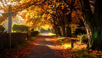 Naklejka premium Autumnal pathway through a tree-lined avenue