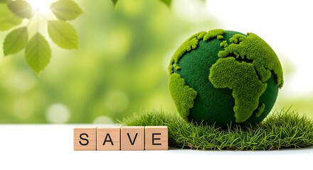 Green earth globe covered in moss with save blocks