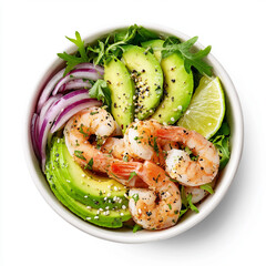 A healthy and colorful shrimp salad bowl filled with grilled shrimp, fresh avocado slices, red onions, lime wedges, and a bed of greens. The image showcases freshness, nutrition, and gourmet simplicit