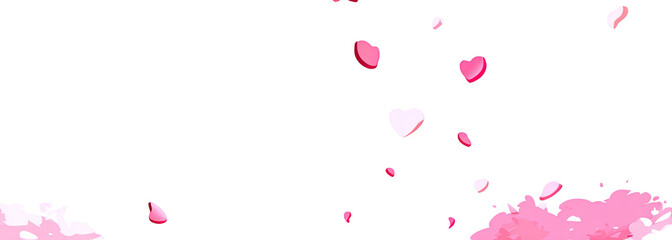 Pink heart and petal-like shapes falling against a black background.  A soft pink cloud gathers at the bottom