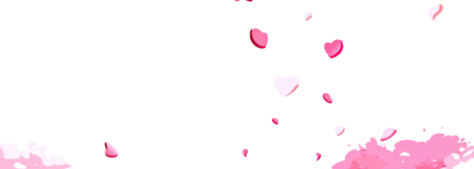 Pink heart and petal-like shapes falling against a black background.  A soft pink cloud gathers at the bottom