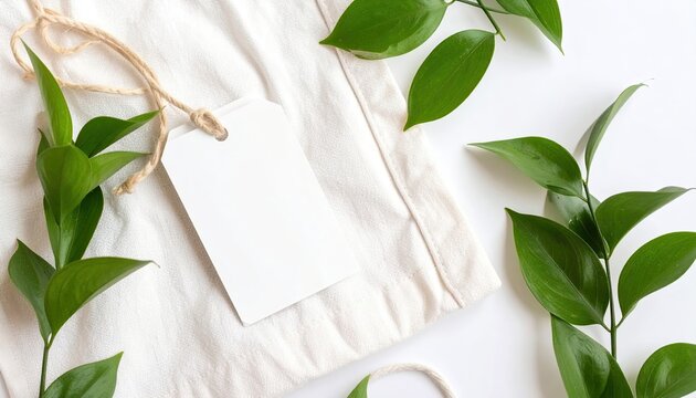 Blank tag on beige canvas tote bag surrounded by greenery