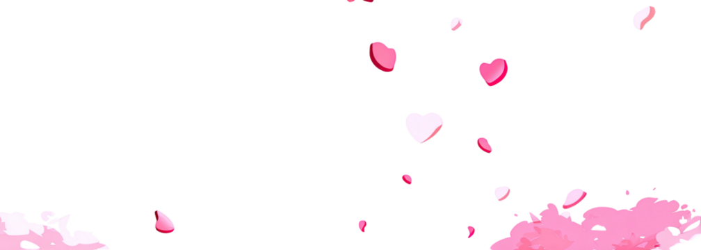Pink heart and petal-like shapes falling against a black background.  A soft pink cloud gathers at the bottom