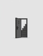 An open door reveals a stairway leading upward, suggesting possibility and growth.