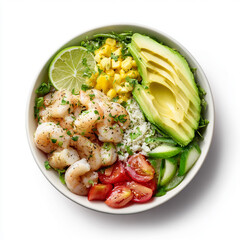 A healthy and colorful shrimp salad bowl filled with grilled shrimp, fresh avocado slices, red onions, lime wedges, and a bed of greens. The image showcases freshness, nutrition, and gourmet simplicit