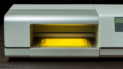 Obraz premium A modern industrial printer rapidly producing sheets of paper from its output slot,