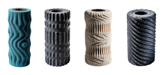 Textured cylinder sculptures display PNG set, cut out, isolated on transparent background