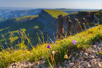 A panoramic aerial view of the Two Monks rock from behind a hill covered with meadow grass and...
