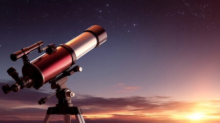 Fototapeta premium An astronomical telescope set up for stargazing during twilight, mounted on a tripod with adjustment knobs,