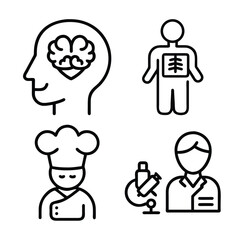 Four simple line art icons depicting a brain in a head, a human x-ray, a chef, and a scientist with a microscope.