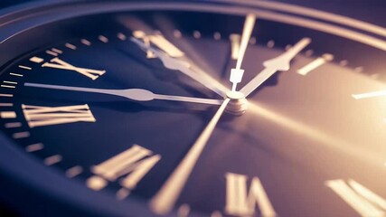 Closeup vintage analog clock with Roman numerals and moving hands in warm golden light. - Powered by Adobe