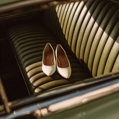 A pair of elegant white women’s shoes rest neatly on the olive green leather backseat of a vintage car. Warm sunlight casts soft shadows, creating a nostalgic and stylish fashion moment.