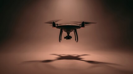 A drone with four rotors hovers in midair against a dark brown gradient backdrop,