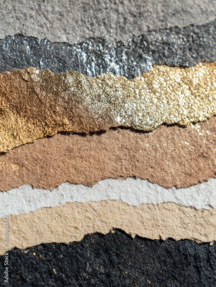 Poster layers of textured materials in a range of earth tones and metallic shades create an abstract design