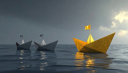 Obraz premium Golden origami boat stands out amidst gray ones on a stormy sea