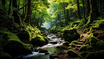 Obraz premium Lush forest stream. Sunlight filters through dense trees