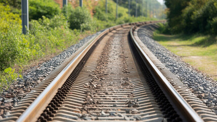 Railway tracks curving through lush greenery, representing travel, journey, and transportation
