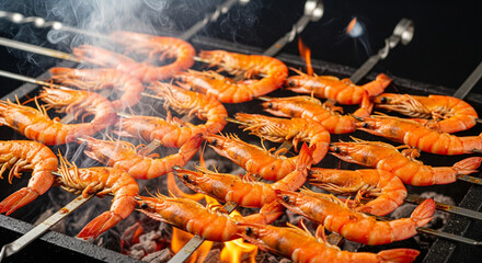 Delicious grilled shrimp prawn skewers cooking on hot barbecue with smoke and flames