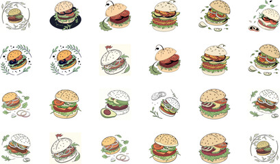 Colorful hand drawn fast food vector illustration set including burgers, pizza slices, tacos, wraps, sandwiches, french fries, nachos, shawarma, garlic bread, desserts and snacks – cartoon junk food i