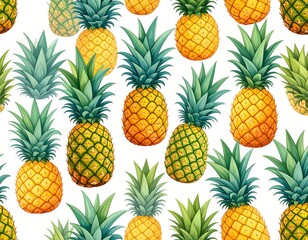 A vibrant, repeating pattern of meticulously drawn pineapples, showcasing a range of yellow and green hues, against a crisp white background.