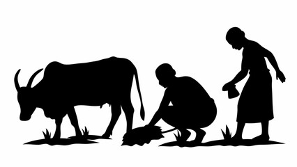 Fototapeta premium Silhouette of a cow with large horns and two people tending to the land in a rural setting design