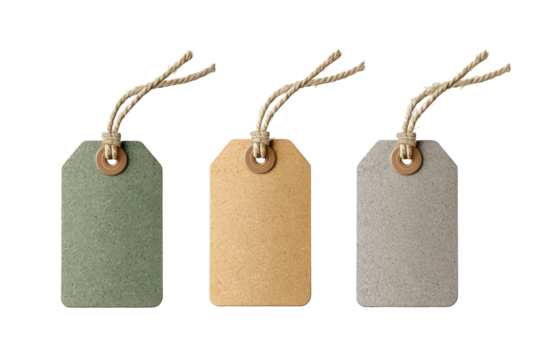 Three blank, rectangular tags, in muted tones of sage green, beige, and taupe. Each tag features a simple, natural-colored jute twine loop for hanging, and a small, round, light brown button