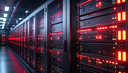 Rows of dark server racks in a data center, illuminated by red LEDs