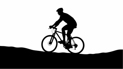 Obraz premium Silhouette of a cyclist riding a bicycle uphill on a dark terrain against a bright white background scene view