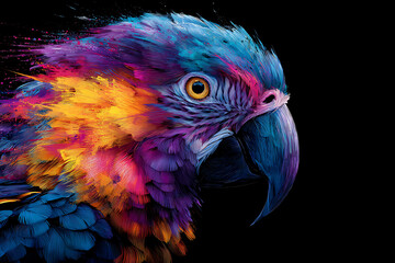 Vibrant Abstract Macaw Head with Exploding Colorful Feathers on Black