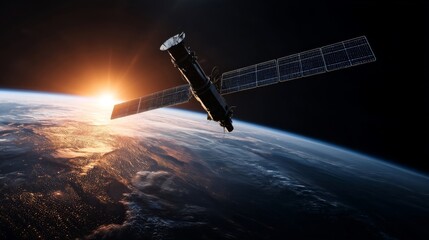 Obraz premium Earth observation satellite orbiting above the planet at sunrise or sunset, solar panels extended,
