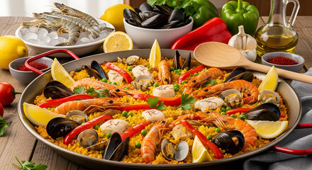 Tasty Seafood Paella with Shrimp Mussels on Wooden Table