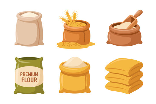 Flour bag vector set, wheat grain sacks, milling ingredients, organic farming supplies, bakery production, cereal harvest storage icons